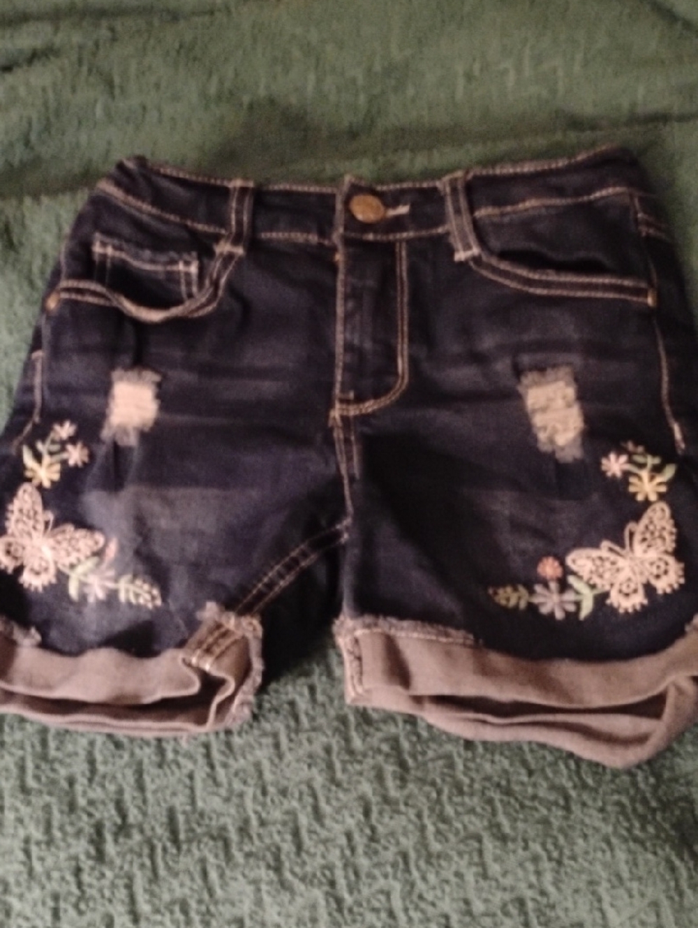 Beautees Navy Denim Shorts with Pastel Embroidery